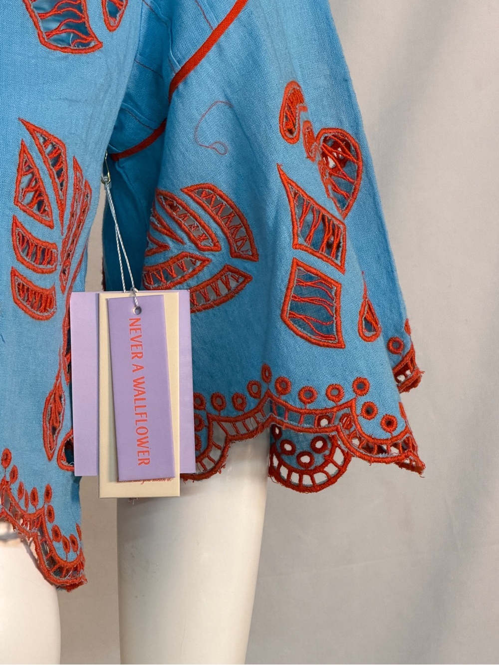 Never A Wallflower Embroidered Light Blue Cropped Top with orange Trim - Picture 9 of 15
